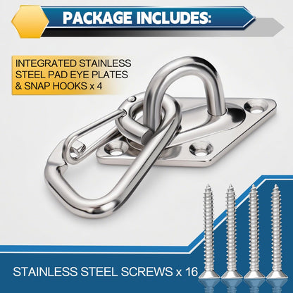 FUCNEN Stainless Steel Pad Eye Hook 4PCS M6 Rhombus Ceiling Hooks and Screws for Hanging Hammock, Plants, String Lights, Canopy, DIY, Porch Swing Hanging Kit, Indoor & Outdoor Use Swing Hooks