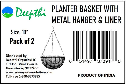 Deepthi 10-Inch Hanging Planter Baskets with Coco Coir Liners – Pack of 2 Metal Wire Flower Pots with Chains – Indoor Outdoor Porch Patio Garden Hanging Decor for Plants, Flowers, Herbs
