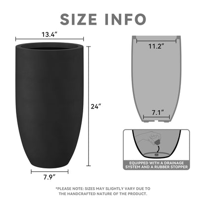 Kante 24 Inch Tall Round Concrete Planter, Large Indoor Outdoor Plant Pots with Drainage Hole and Rubber Plug, Modern Decorative Garden Pots for Home Patio Porch, Black