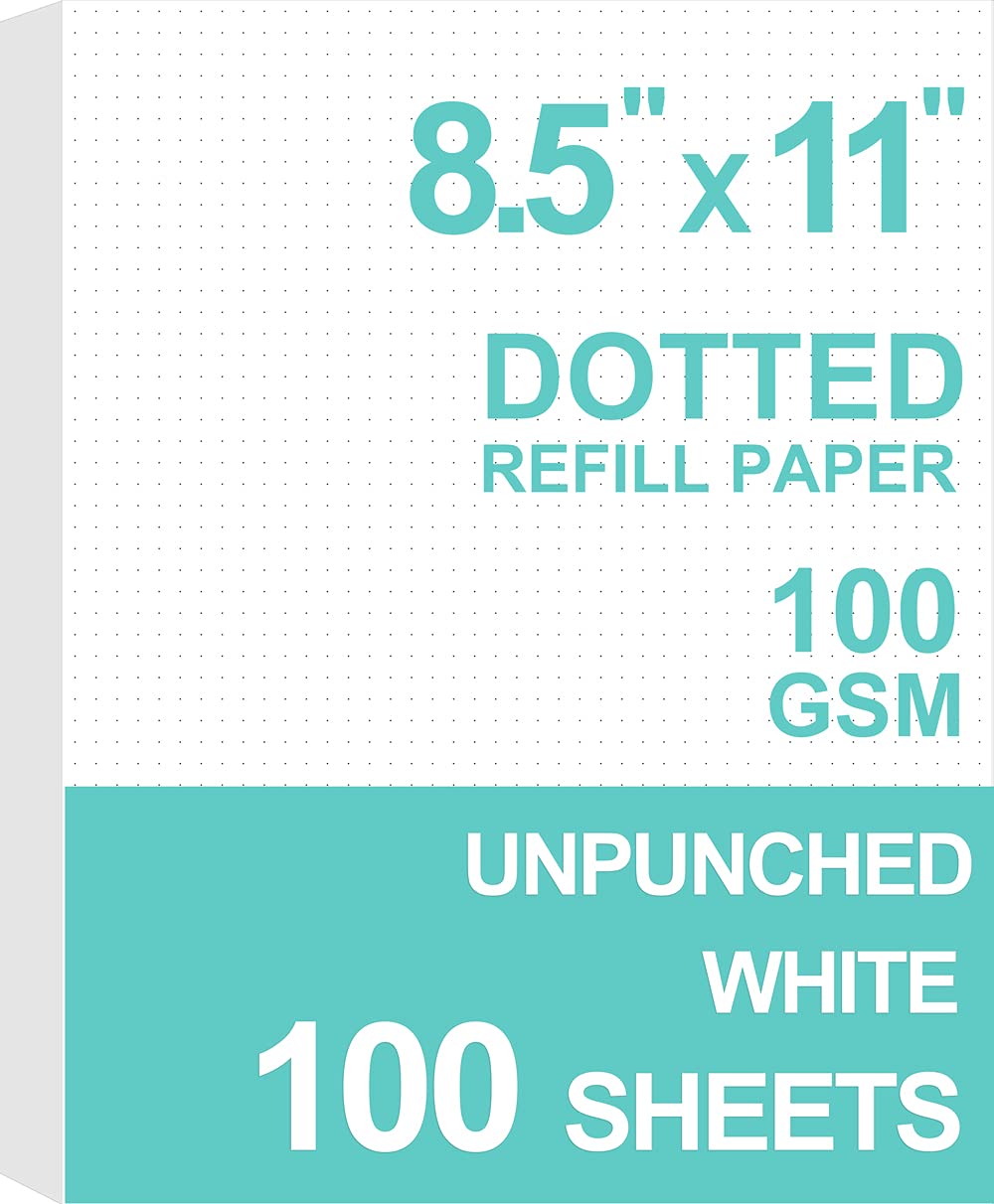 Letter Size Unpunched Dotted Refill Paper, Loose Leaf Filler Paper for Ring Binder/Disc Notebook Planner Inserts, 100gsm Dot Grid White Paper, 100Sheets/200Pages, 8.5'' x 11''