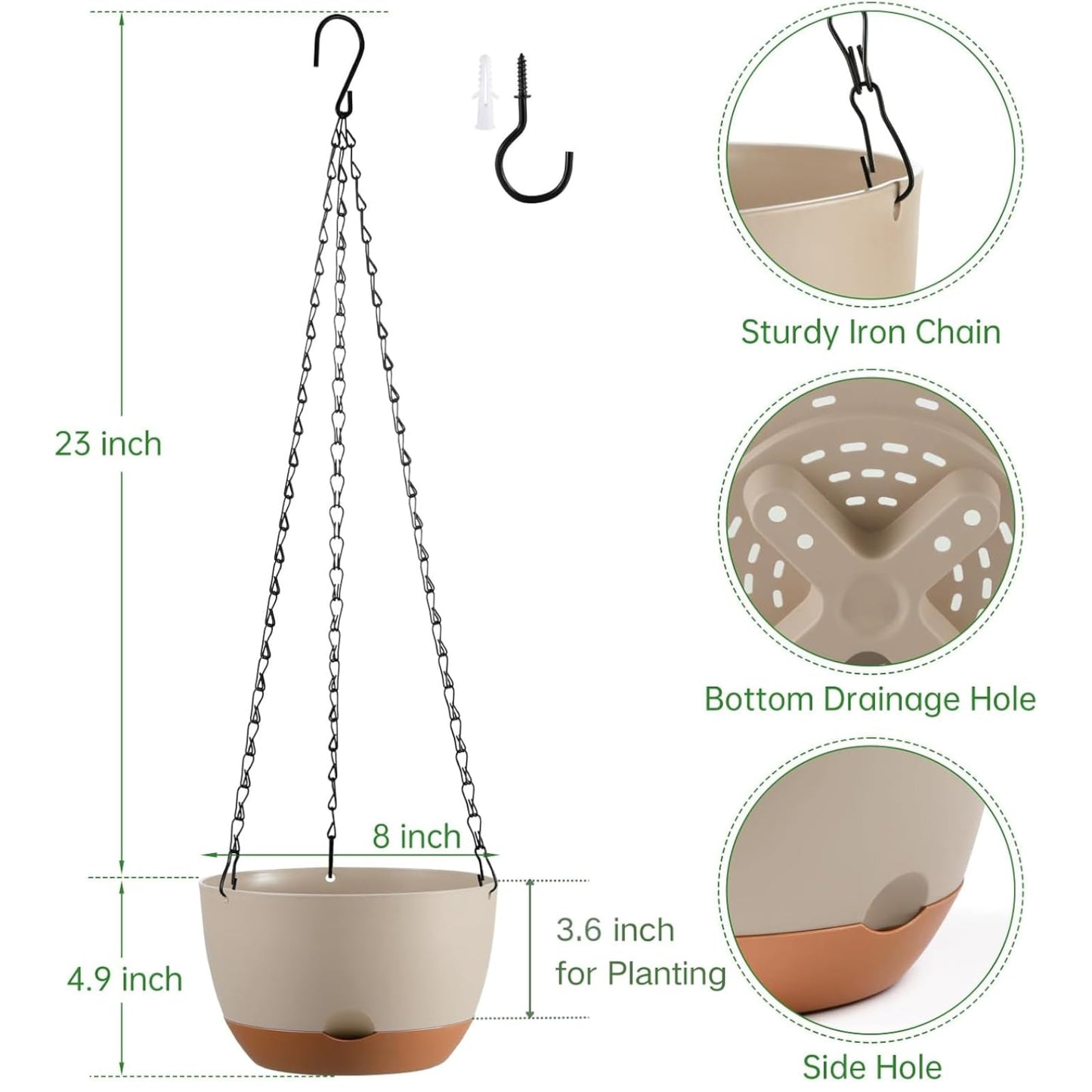 Kvetto Set of 2 Hanging Planters for Indoor Outdoor Plants, 8 Inch Self-Watering Hanging Flower Pots with Drainage Hole & Removable Water-Storage Tray (Hooks)