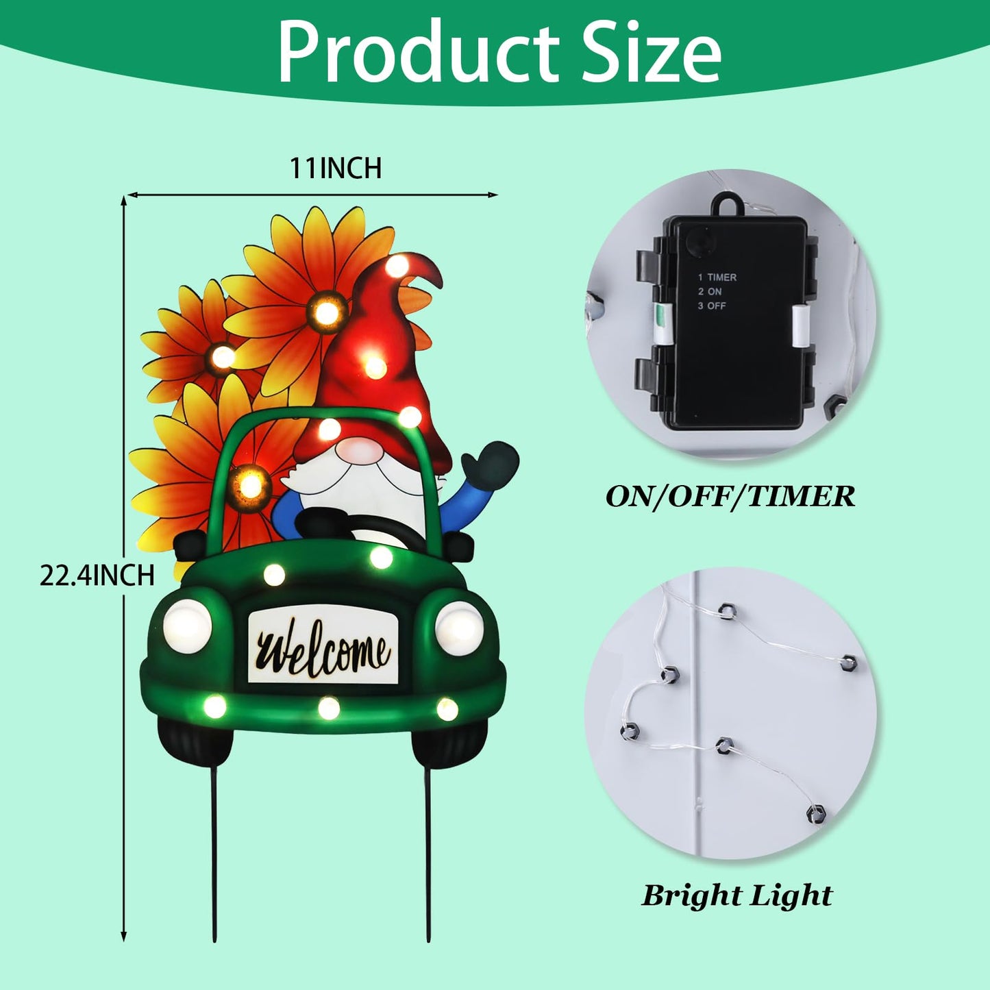 WONDER GARDEN Sunflower Yard Sign Decoration, 22.4" Metal Gnome Truck with LED Lighted, Outdoor Summer Garden Welcome Sign Stake, Outdoor Spring Truck Yard Decoration, Gift for Mom