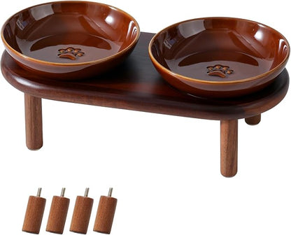 Havniva Elevated Cat Bowls Raised Ceramic Cat Bowl, 5.7” Wide Opening Cat Food Bowl Whisker Friendly Cat Dish Anti-Slip with Wood Stand, Shallow Pet Food & Water Bowl for Indoor Cats