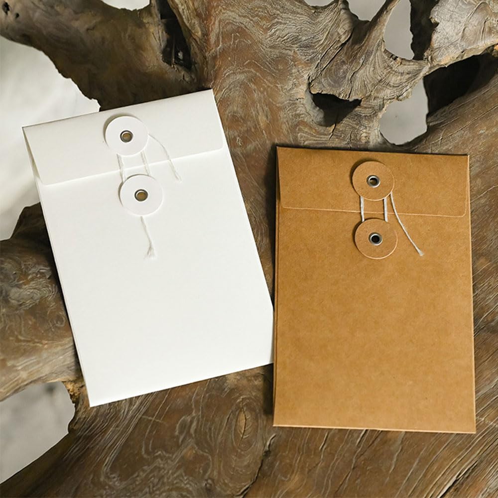 QILANJO 20 Pcs Kraft Paper Envelopes with Button and String Tie Closure Vintage Storage Envelope Pockets for Cards, Invitations, Photo, Files, 4.5x6.7 inch, White