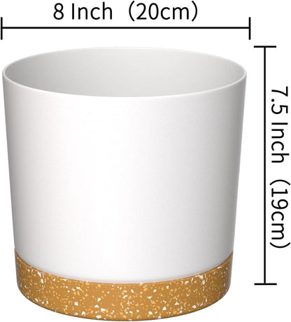 FIASON 8 inch Plant Pots, Plastic Planter with Drainage Hole and Saucer, A Set of 2 Flower Pots for Indoor, Outdoor, House Plants, Succulents, Flowers (White)