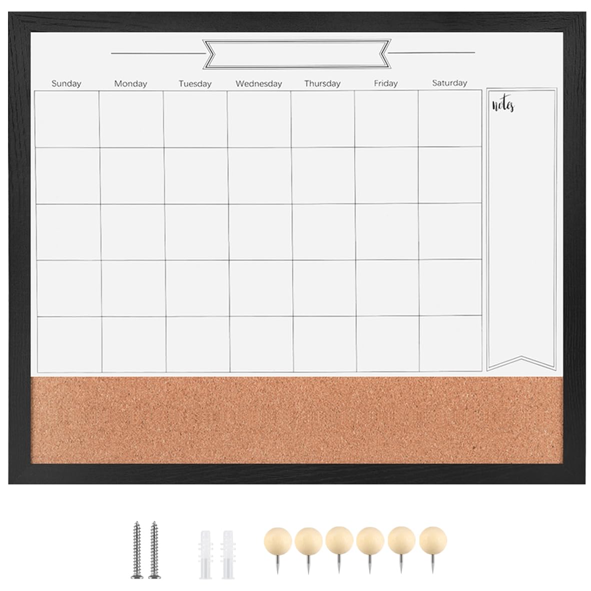 Dry Erase Calendar Whiteboard for Wall, Combination Magnetic Dry Erase White Board & Bulletin Board, 23.6" x 31.5" Wood Framed Calendar/Cork Combo Board(BK-6080)