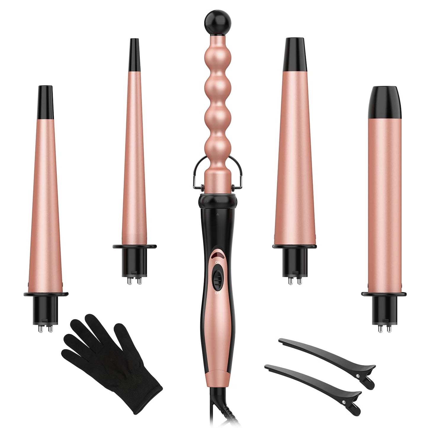 Long Barrel Curling Iron Wand Set, BESTOPE PRO 6 in 1 Curling Wand Set with Ceramic Barrel for Long/Medium Hair, 0.35"-1.25" Interchangeable Hair Wand Curler, Dual Volts, Include Glove & Clips - Black