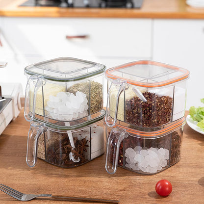 luzen 1PC Clear Plastic 4 Compartments Seasoning Box with Spoon and Lid Home Kitchen Condiment Jar Spice Container Spice Salt Canister Kitchen Gadgets for Kitchen Cooking Supplies, Orange