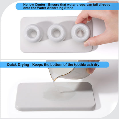 Dersyer 3 Pack Mini Ceramic Toothbrush Holder Stand with 1 Pack Water Absorbing Stone for Bathroom Vanity Countertop, Toothbrush Organizer, White