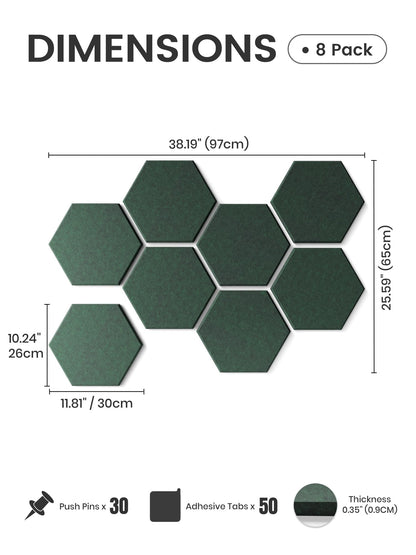 Fluxynara Hexagon Cork Board Alternative for Walls Decor-8-Pack Felt Bulletin Board Tiles,with 30 Pushpins,50 Adhesive Tabs for Office,Classrooms & Home Pin Board Felt Board-Pine Green