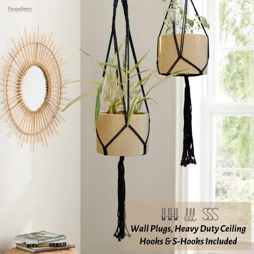 Feedee Macrame Plant Hangers - 6 Pack, Black, Indoor/Outdoor, Cotton