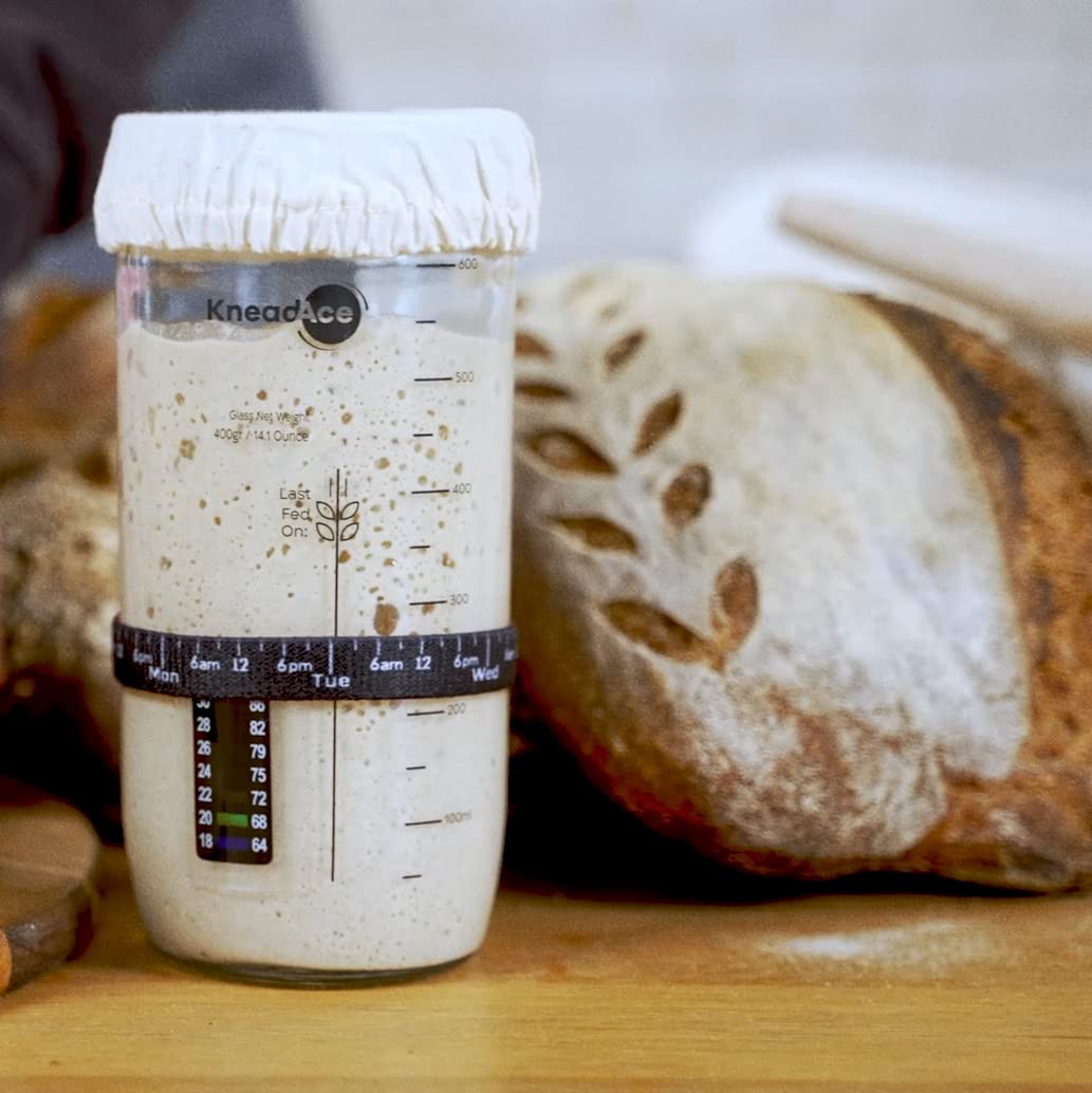 KneadAce Sourdough Starter Jar With Date Marked Feeding Band, Thermometer, Sourdough Jar Scraper, Sourdough Container Sewn Cloth Cover & Metal Lid, Sourdough Starter Kit