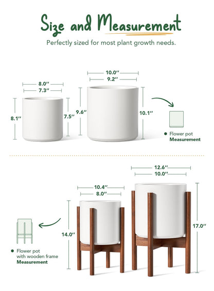 LE TAUCI Indoor Planter with Stand, 10 + 8 Inch, Set of 2, Ceramic Pot for Indoor Plants with Acacia Wood Holder, Mid-Century Modern Home Decor, Round Flower Pots with Drainage Hole, White
