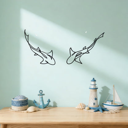 JBCHUCI Metal Fish Wall Art Nautical Decor Set of 2, Abstract Line Iron Shark Wall Sculptures for Coastal Living Room, Bathroom, Bedroom - Ocean Themed Home Decor Housewarming Gift