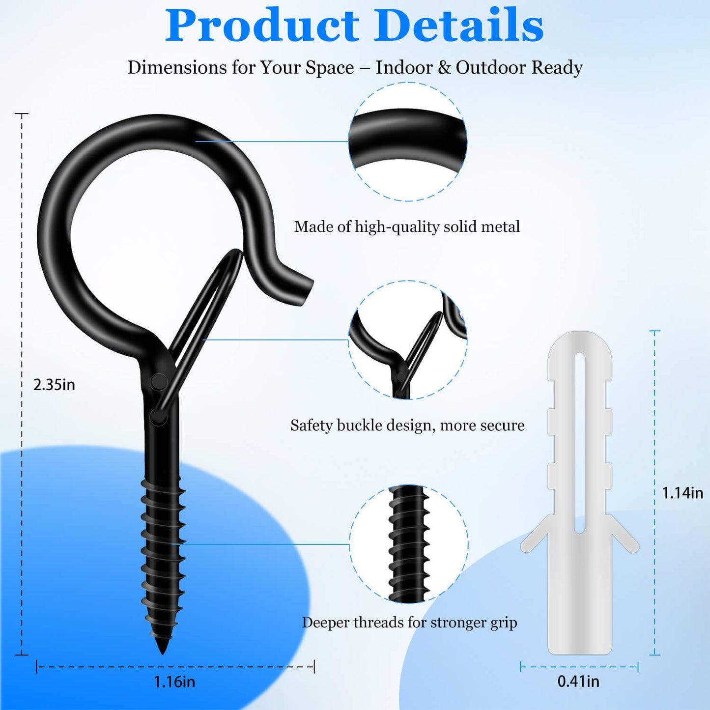 KULOLO 24 Pack Black Screw Hooks with Safety Buckle - 2.3 Inch Rustproof Eye Ceiling Hooks for Hanging Plants,Outdoor String Lights,Baskets,Christmas Lights & Decor,40lb Capacity (24, Black)