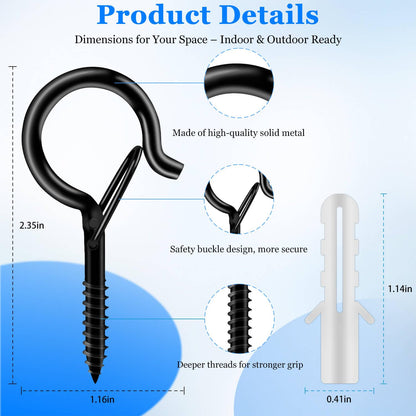 KULOLO 24 Pack Black Screw Hooks with Safety Buckle - 2.3 Inch Rustproof Eye Ceiling Hooks for Hanging Plants,Outdoor String Lights,Baskets,Christmas Lights & Decor,40lb Capacity (24, Black)