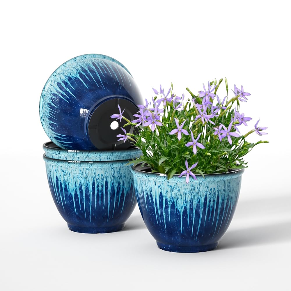 Flower Pots, 8 Inch Plastic Plant Pots for Plants, Set of 4 Planter for Indoor Outdoor Plants with Drainage Hole, Sleek Small Nursery Planting Pot for Home Garden Outdoor Planters(Blue Glaze)