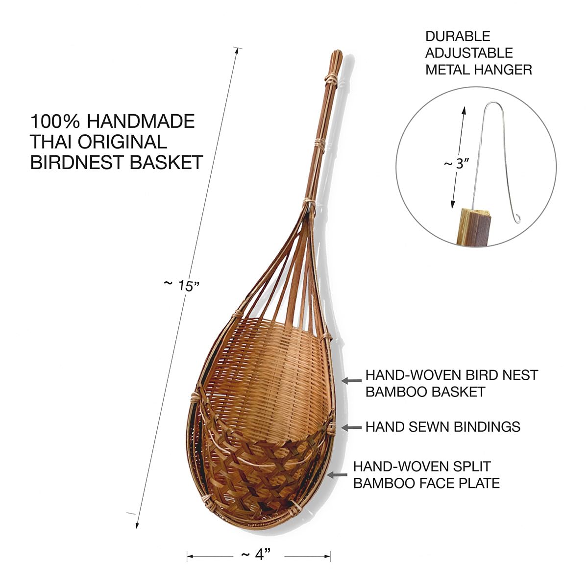 PANWA Handmade 100% Thai Bamboo Hanging Orchid Basket – 4 Inch Set of 3 for Mom & Spring Seasonal Decoration