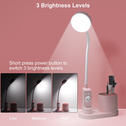 Hacevida Cute Pink Rabbit Lamp for Kids Reading Study - Star Projector/Pen Holder/3 Brightness/Eye Caring, Rechargeable Led Table Desk Lamp for Home Office Dorm Decor, Ideal Birthday Christmas Gifts