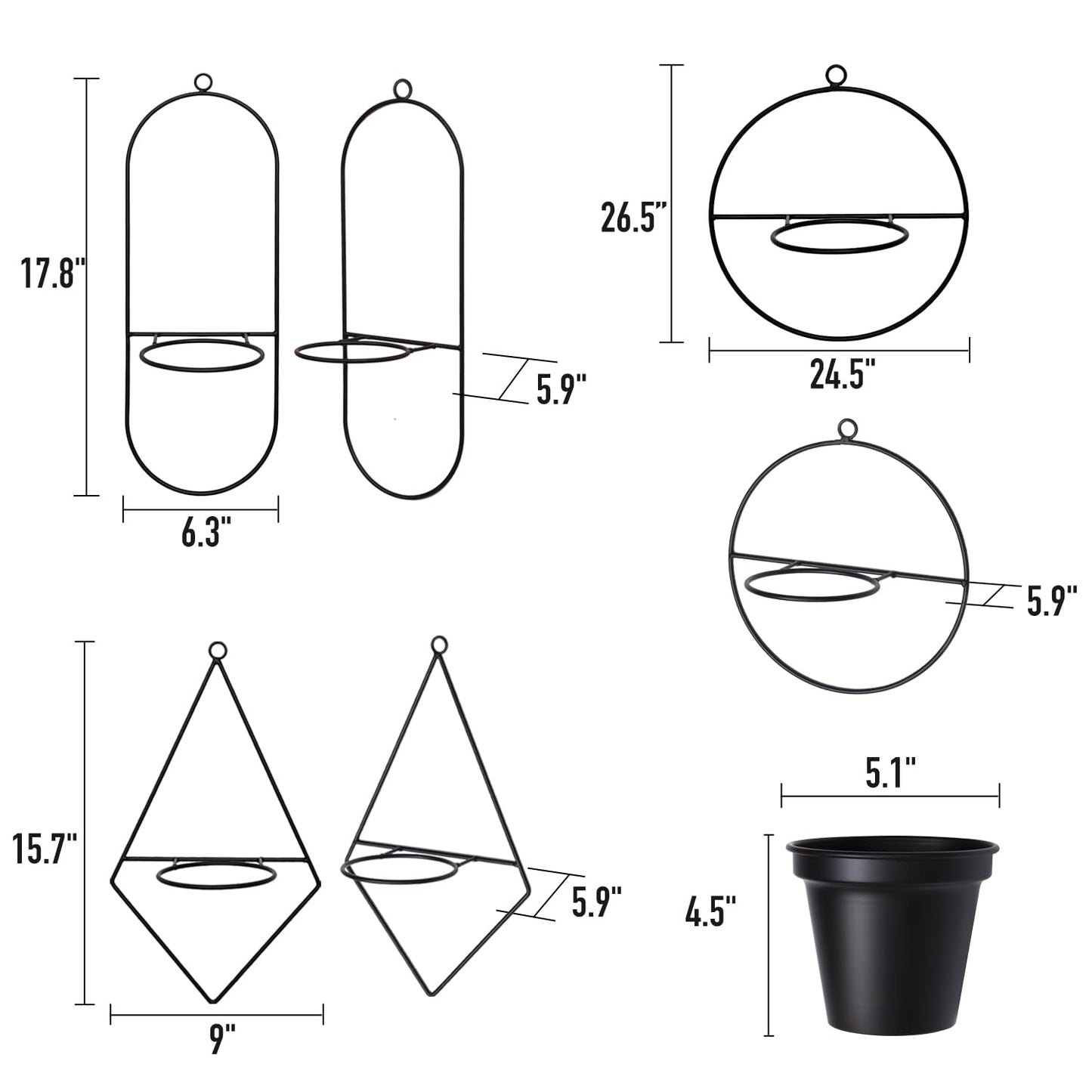 HemePaha Geometric Wall Planters for Indoor Plants Set of 3 Black Metal Wall Mounted Plant Holder (Diamond & Oval & Round Shapes) with 5 Inch Flower Pots, Modern Hanging Planters for Indoor Decor