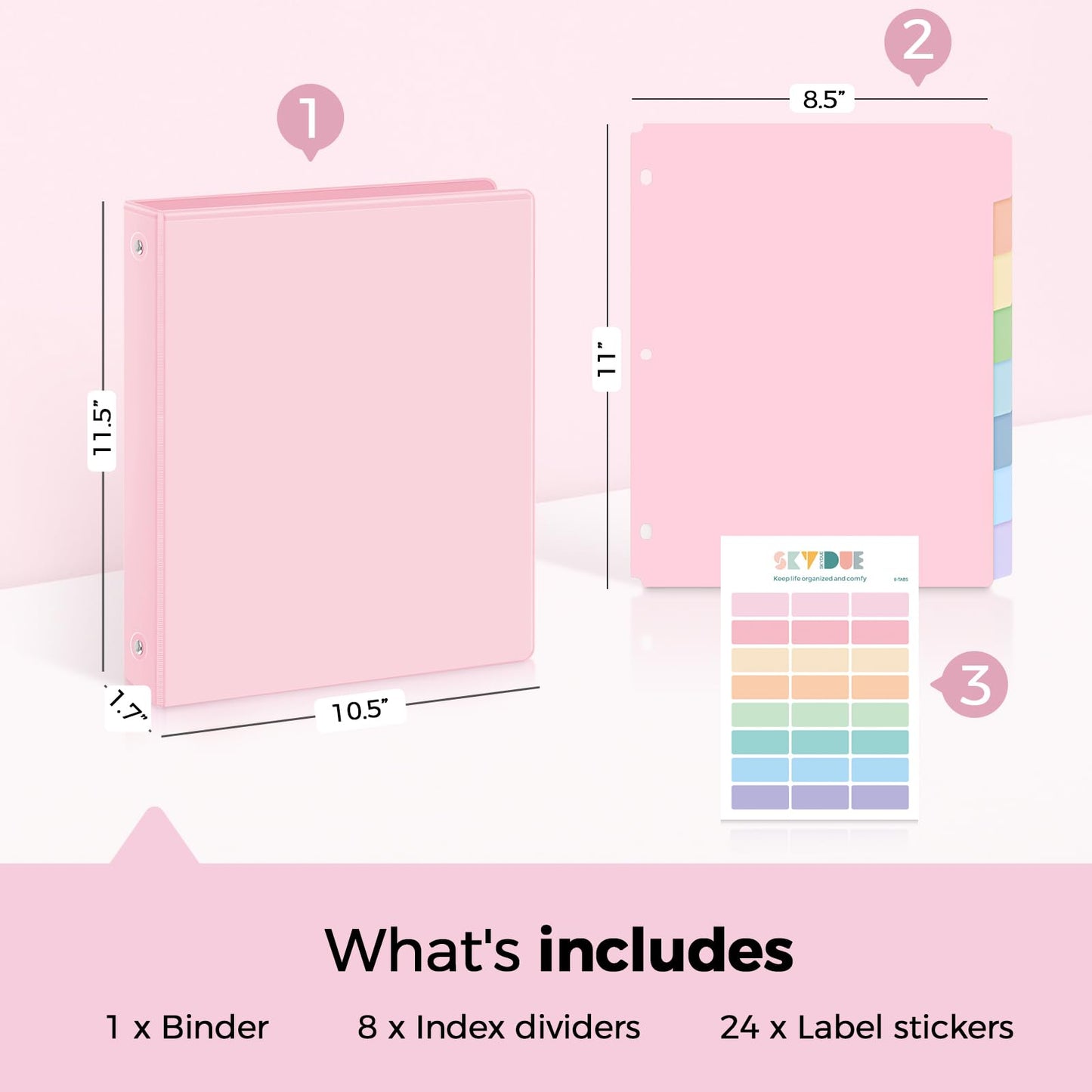 SKYDUE 1 Inch 3 Ring Binder with 8 Tab Dividers & 24 Labels, Pastel Binder Organizer for Letter Size Paper, Aesthetic School Binder for Notes, Documents, Office & Home Organization, Pink