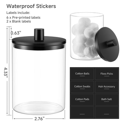 3 Pack Glass Qtip Holder Dispenser- 10 oz Clear Canister Apothecary Jar, Bathroom Vanity Storage Organizer Set for Cotton Swabs, Pads, Floss Picks, Small Containers for Makeup Storage (Black)