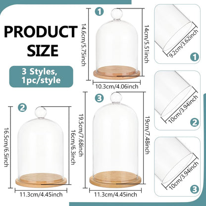 BENECREAT 3 Styles Glass Bell Shape Dome, Glass Cloche Display Dome Cloche Bell Jar Terrarium with Bamboo Base for Home Party Wedding Decor