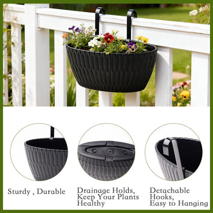 YUNLINGAA 9 Inch Hanging Flower Pots, 3 Pcs Black Railing Fence Hanging Bucket Planter with Detachable Hooks, Countryside Window Plant Holder for Outdoor Garden Yard Home Decor