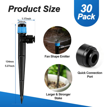 FoxRose 30 Pack Quick Connect 1/4 Inch Drip Irrigation Emitters Fittings, 1/4'' Dripline Push-to-Fit Irrigation Vortex Emitters Adjustable 360 Degree Emitter with Stake for Garden Sprinkler Systems