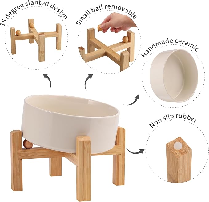 Elevated/Raised 15°Tilted Anti Slip Ceramic Dog Bowl for Medium & Large Breeds,Slanted Bulldog Big Face Pet Feeding Food Water Dish Stand for Dogs (7.6 Cups/60OZ) Beige