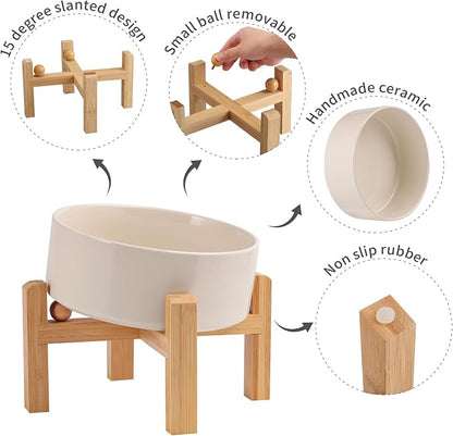Elevated/Raised 15°Tilted Anti Slip Ceramic Dog Bowl for Medium & Large Breeds,Slanted Bulldog Big Face Pet Feeding Food Water Dish Stand for Dogs (7.6 Cups/60OZ) Beige
