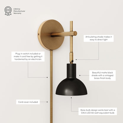 Nathan James Tamlin Wall Light Fixture, Wall Mounted 1-Light Lamp, Plugin Sconce with On/Off Switch for Living Room, Reading Nook or Bedroom, Vintage Brass/Matte Black