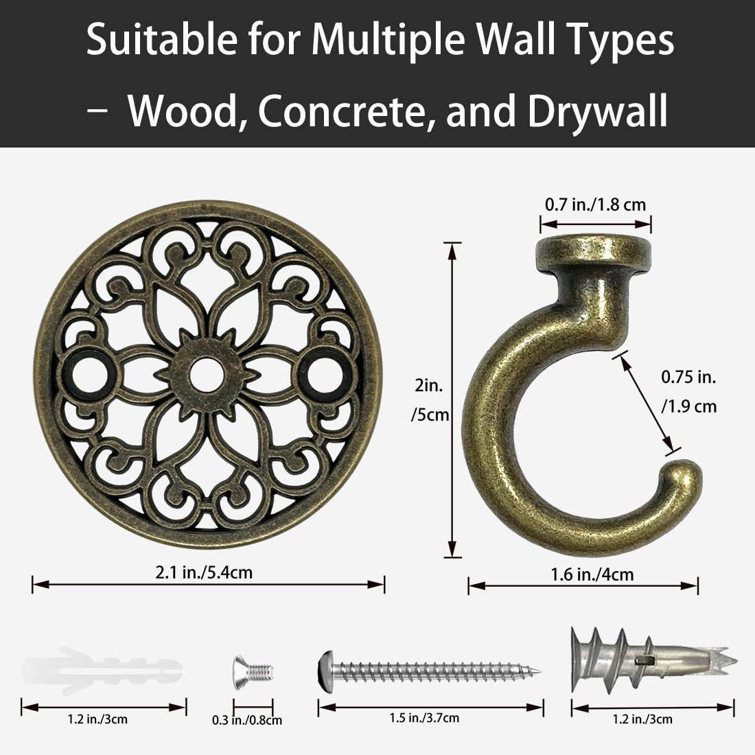 Evsteluo Heavy Duty Ceiling & Wall Hook for Hanging Plants – Holds Up to 50 lbs – – Includes All Mounting Hardware for Drywall, Wood, Cement (2, Antique Brass)