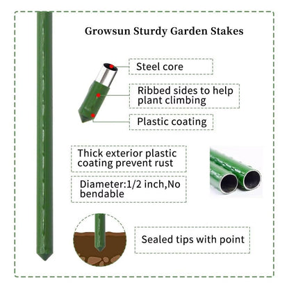 Growsun 4ft Tomato Stakes Garden Stakes Plant Cage Supports Tomato Trellis Climbing Metal w/Plastic Coated, Pack of 50