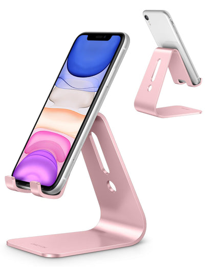 OMOTON Upgraded Aluminum Cell Phone Stand for Desk, C1 Durable Cellphone Dock with Protective Pads, Smart Stand Designed for iPhone17, 16/15/14/13 Pro Max Air, iPad mini, Android Phones,Rose Gold