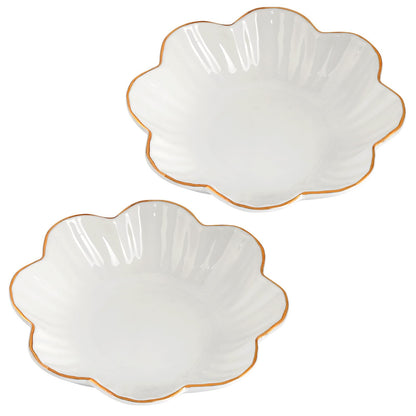 VanEnjoy 2 Pcs 6 Inch Ceramic Candy Dish - White Decorative Bowl With Golden Flower Rim for Office, Wedding, Party, Home - Porcelain Serving Bowl for Snacks, Fruit