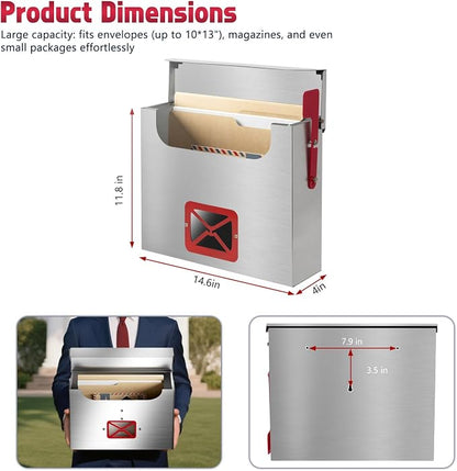 Stainless Steel Wall-Mount Mailbox for House,Rust-Proof Metal Mail Boxex, Large Capacity Post Box,Mailboxes for Outside(Rectangle with Lock)
