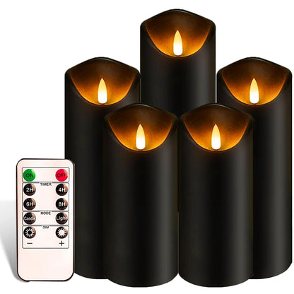 Black Pillar Flameless Candles 3D Wick with Controller,led Slim Candles Flicering Flame,Battery Operated Fake Plastic Candles for Halloween Christmas,Party Décor.(5Pack H 5" 5" 6" 6" 7" x D 2.2")