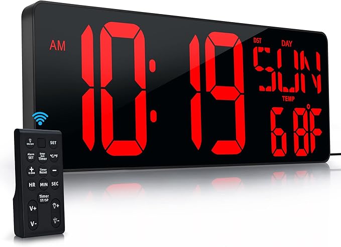 17.2"Large Digital Wall Clock Large Display with Remote Control 180°Visible | Timer with Temperature Date Week Auto DST Adjustable Brightness, for Living Room Classroom Garage Gym Gift for Senior Mom Dad