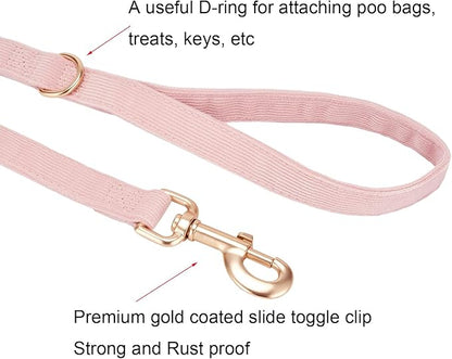 Soft Corduroy Dog Collar and Leash Set Adjustable Durable Dog Collars with Metal Buckle and Lead for Female Small Dogs,Baby Pink