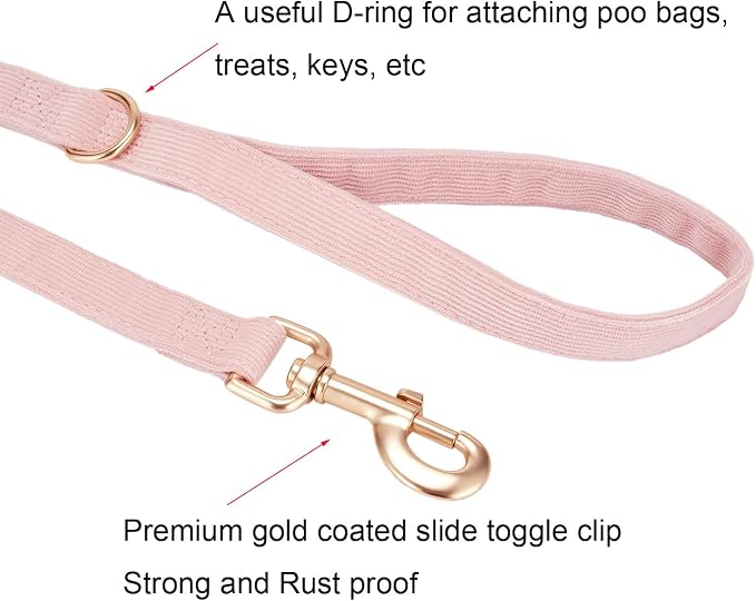 Soft Corduroy Dog Collar and Leash Set Adjustable Durable Dog Collars with Metal Buckle and Lead for Female Large Dogs,Baby Pink