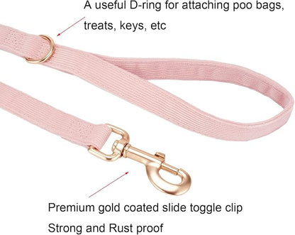 Soft Corduroy Dog Collar and Leash Set Adjustable Durable Dog Collars with Metal Buckle and Lead for Female Medium Dogs,Baby Pink