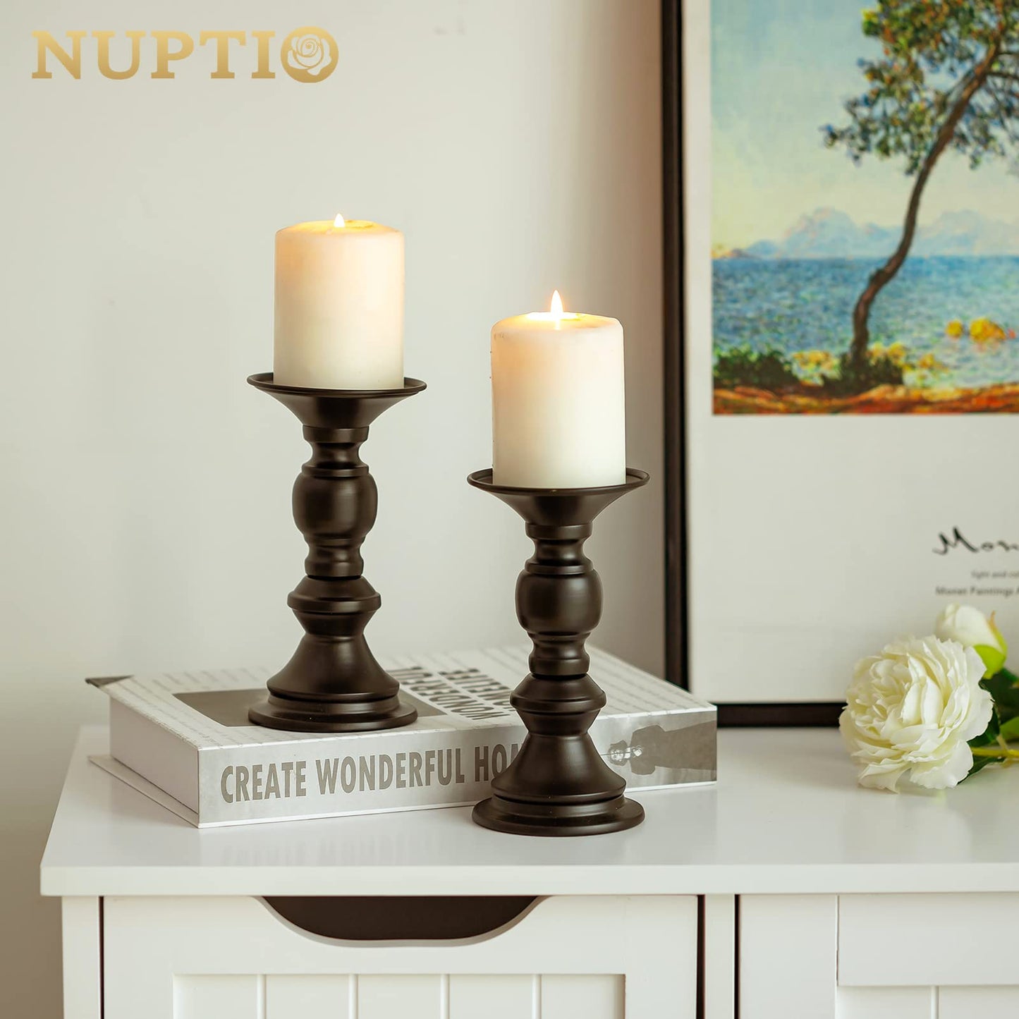 NUPTIO 2 Pcs Candle Holders for Pillar Candles, Black Candle Holder for 50mm Candles Christmas Halloween Mantlepiece Decorations, Ideal for Weddings Special Events Party Living Room
