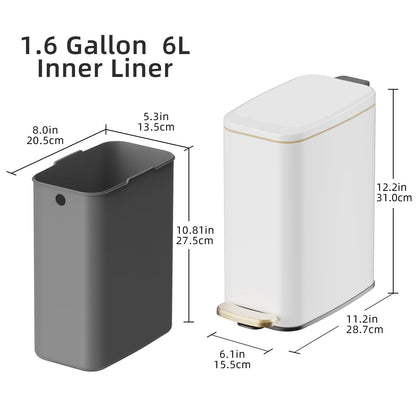 KUK Slim Bathroom Trash Can with Lid, 1.6 Gal / 6L Stainless Steel Small Garbage Bin with Detachable Inner Bucket, Step Pedal, Silent Close, Wastebasket for Toilet, Bedroom, Home, Office (White)