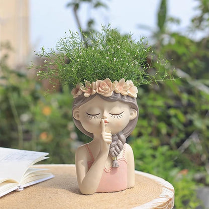 B,Resin Human Head Planter, Cute Girl Face Succulent Pots, Succulent Plant Pot for Indoor Outdoor Cacti Home Garden