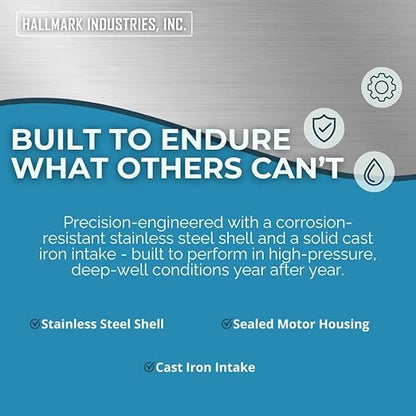 Hallmark Industries Well Pump, Deep Well Submersible Pump, 1HP, 110V 60HZ, 33 Gpm, Stainless Steel, 3.8"