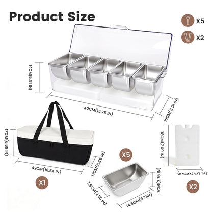 Mavolico Chilled Condiment Caddy with 5 Removable Stainless Steel Compartments, Includes Portable Insulated Tote Bag and 2 Ice Packs, Serving Tray for Picnic, Outdoor, Party and Travel