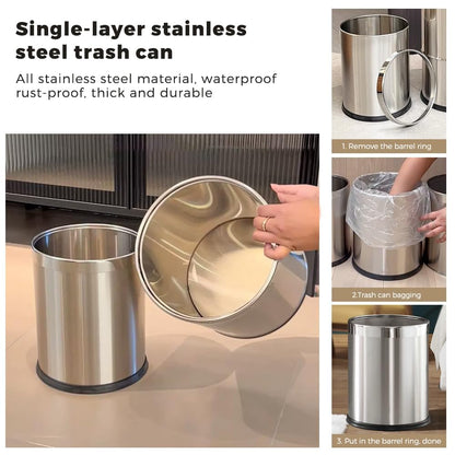 LEASYLIFE 2.6Gallon/10L，Stainless Steel Bathroom Trash Can,Chrome Trash Can,Silver Garbage Can for Office，Wastebasket for Hotel，Office，Store，Metal Trash bin Without lid (Silver)