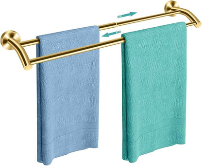 MGahyi Adjustable Double Towel Bar 14.5-24.8Inch, Matte Telescopic Stainless Steel Wall Mount Towel Holder, Rustproof Towel Rack for Bathroom Kitchen RV Laundry Hotel (Gold, Double-Bar)