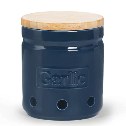 ONTUBE Garlic Keeper with Wooden Lid, 4.5-Inch Ceramic Garlic Holder 24oz (Navy)